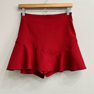 ZARA Bow Tie Belted Skort Ruffle High Waist Mini Skirt Preppy Chic Classic Red
